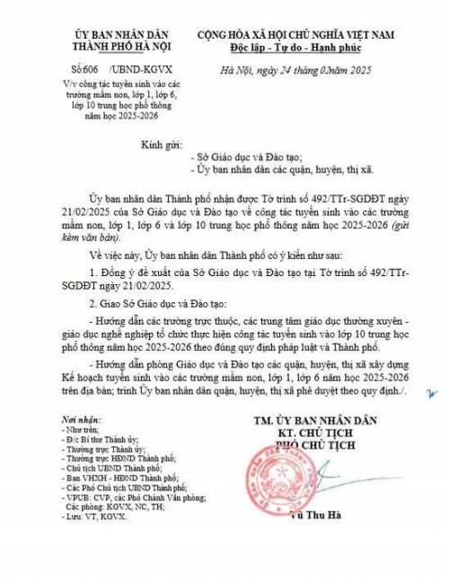 Công văn số 606-UBND-KGVX của UBND thành phố Hà Nội