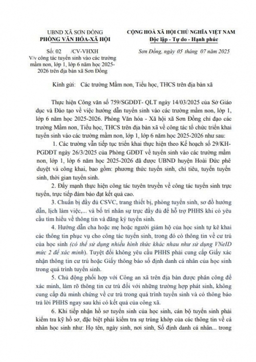 Thông báo số 02/CV-VHXH về công tác tuyển sinh đầu cấp củaphòng VHXH xã Sơn Đồng