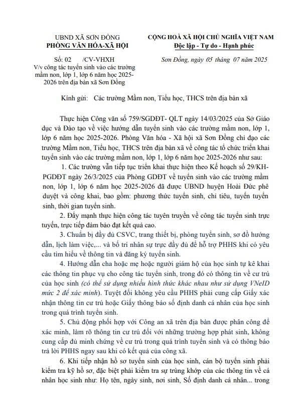 Thông báo số 02/CV-VHXH về công tác tuyển sinh đầu cấp củaphòng VHXH xã Sơn Đồng