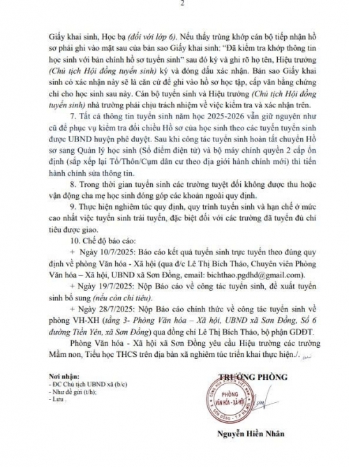 Thông báo số 02/CV-VHXH về công tác tuyển sinh đầu cấp củaphòng VHXH xã Sơn Đồng