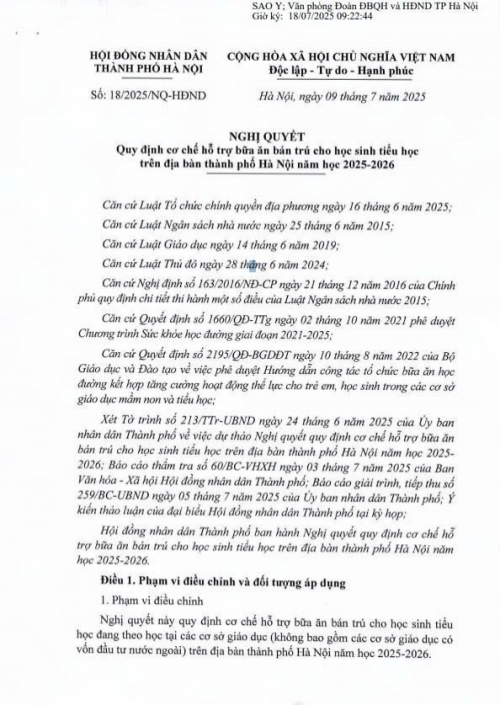 Nghị quyết số 18/2025/NQ-HĐND ngày 09/7/2025 quy định cơ chế hỗ trợ bữa ăn bán trú cho HS tiểu học