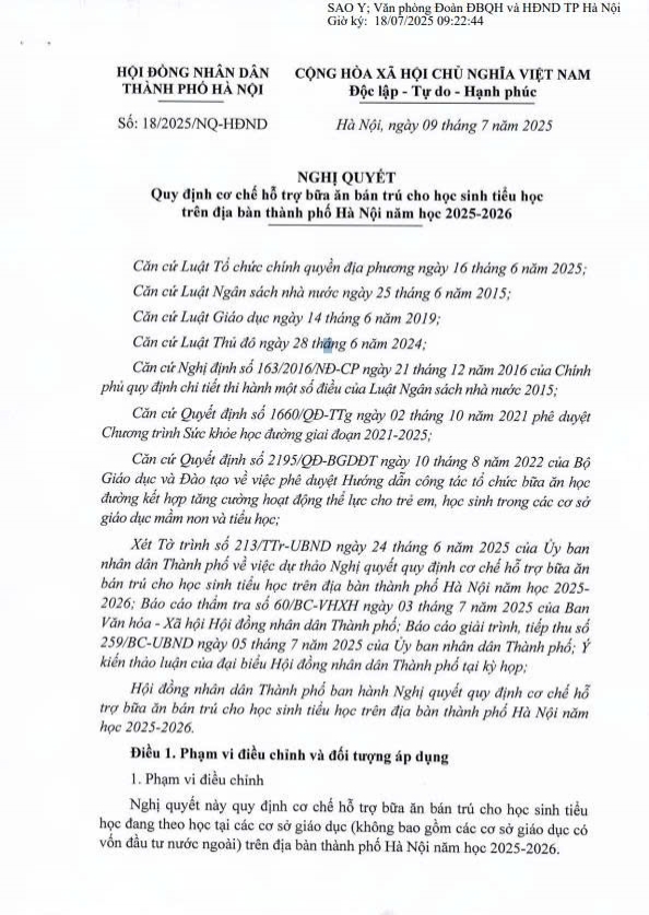 Nghị quyết số 18/2025/NQ-HĐND ngày 09/7/2025 quy định cơ chế hỗ trợ bữa ăn bán trú cho HS tiểu học