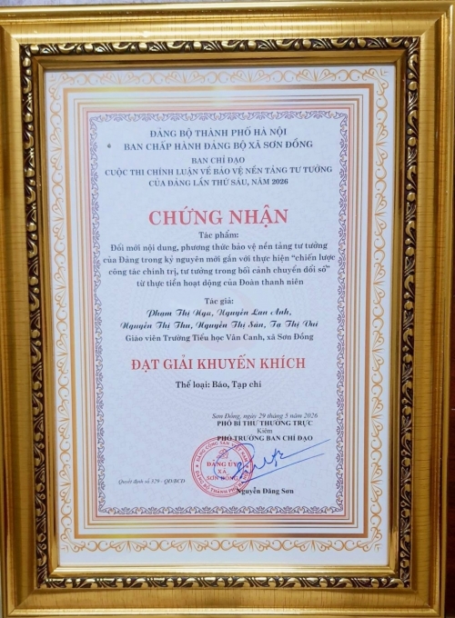Trường Tiểu học Vân Canh đạt giải Khuyến khích cuộc thi chính luận bảo vệ nền tảng tư tưởng của Đảng