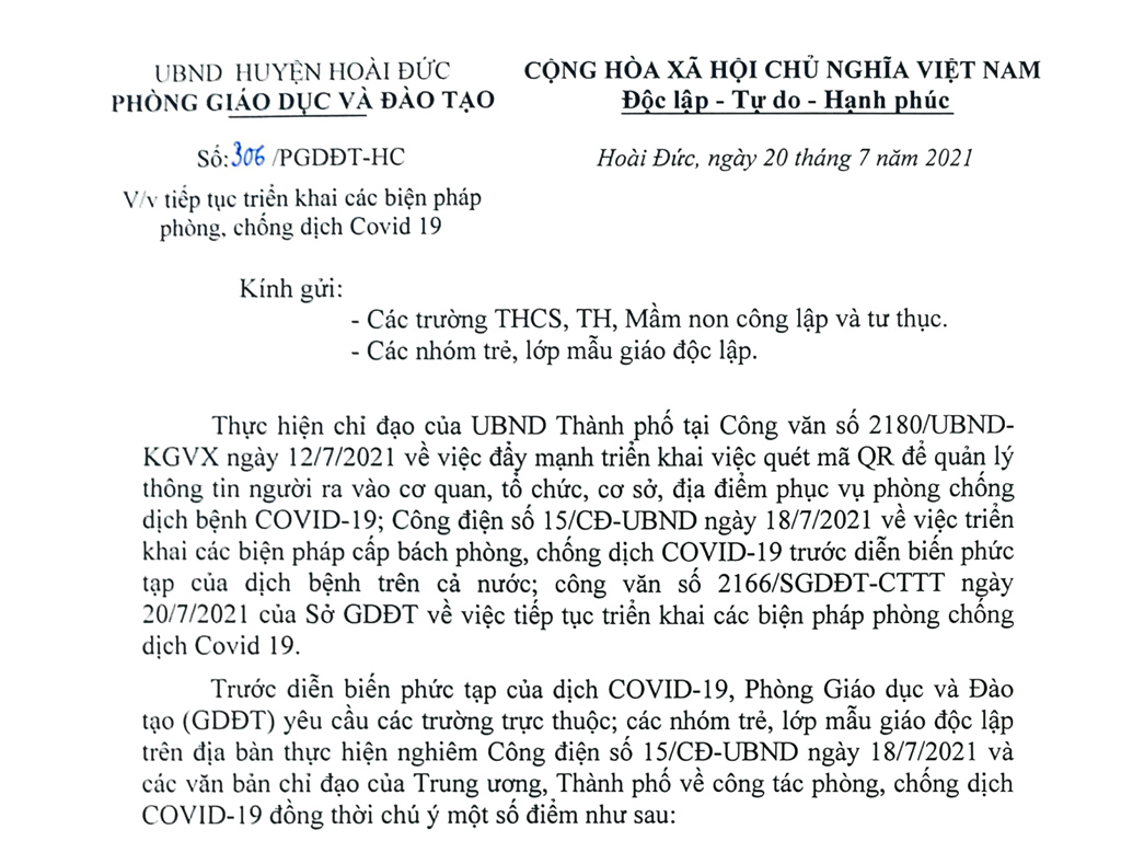 Công văn 306 triển khai chống dịch Covid 19