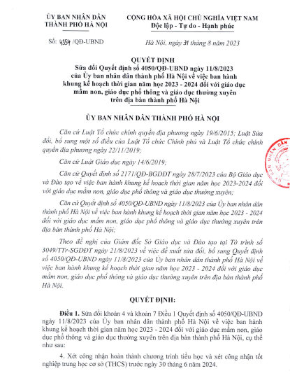 Sửa đổi QĐ số 4050/QĐ-UBND ngày 11/8/2023 của UBND thành phố Hà Nội vv ban hành khung KH thời gian năm học 2023 - 2024