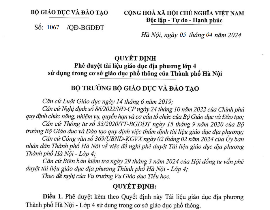 QDD1067 - Quyết định phê duyệt tài liệu GD địa phương lớp 4 sử dụng trong CSGDPT của TP Hà Nội